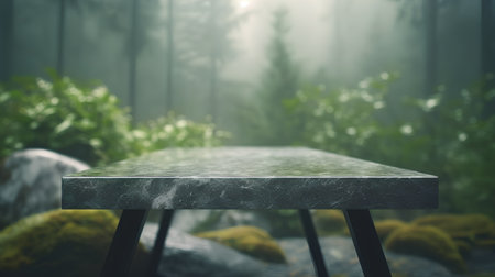 Empty stone table in the misty forest. 3D Renderingの素材
