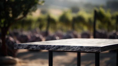 Empty stone table top with blurred vineyard background. For product displayの素材