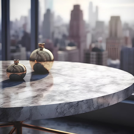 Empty marble round table in front of New York city view. 3D Renderingの素材