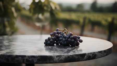 Bunch of black grapes on a marble table in a vineyardの素材