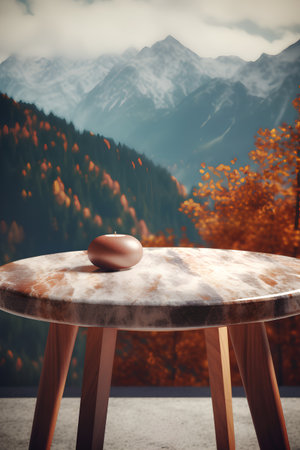 Wooden table with a burning candle on the background of autumn landscape.の素材