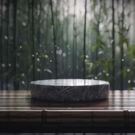 3d render of stone podium on bamboo table with bamboo wall backgroundの素材