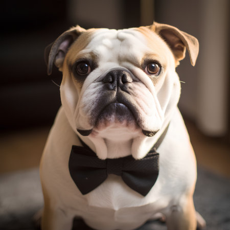 english bulldog with bow tie sitting on the floor in the roomの素材