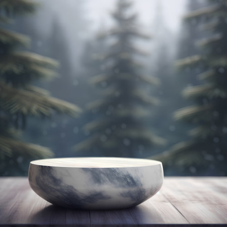 Wooden table with snow and pine trees in the background, 3d renderの素材
