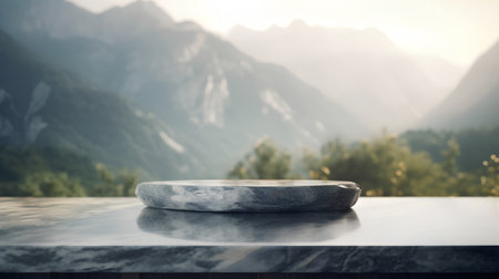 Empty marble stone table top on mountain background. Mock up, 3D Renderingの素材
