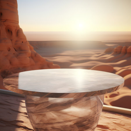 Empty round wooden table in the desert. 3D Rendering.の素材