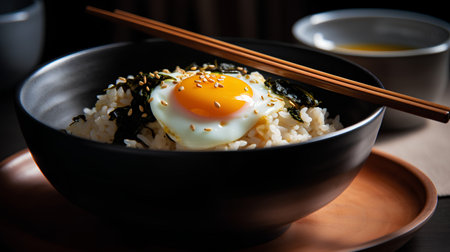 Rice with fried egg in black bowl with chopsticks on wooden tableの素材