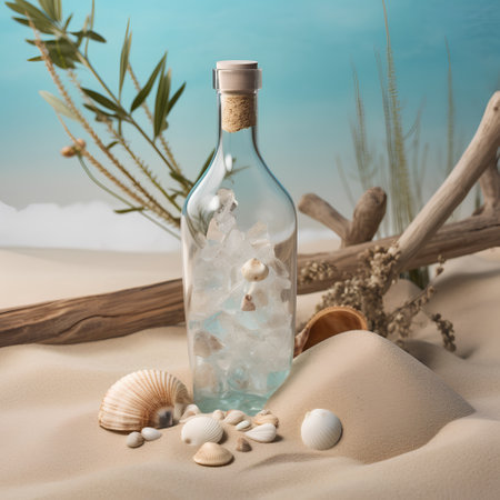 Message in a bottle on the sand with shells and driftwood.の素材