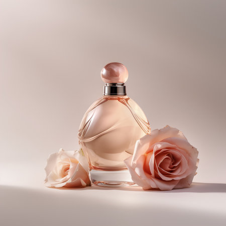 Perfume bottle with rose on pastel background. 3d renderingの素材