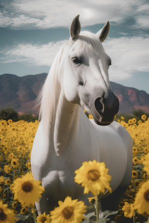 Beautiful white horse portrait in sunflower field. Filtered image processed vintage effect.の素材