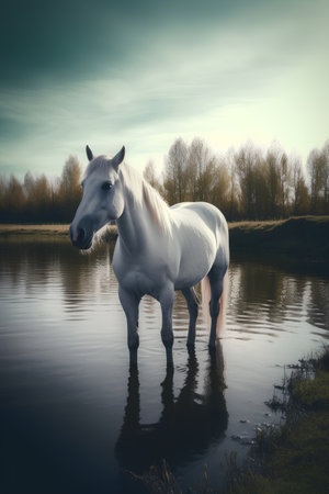 White horse standing in the water and looking at the camera. Vintage style.の素材