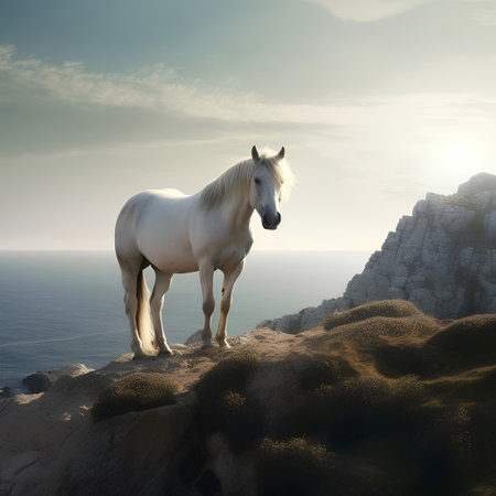 White horse on the cliff. 3d render illustration with clipping pathの素材