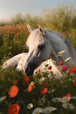 Beautiful white horse lying on the meadow with flowers at sunsetの素材