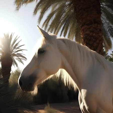 White horse in the desert with palm trees in the background, Moroccoの素材