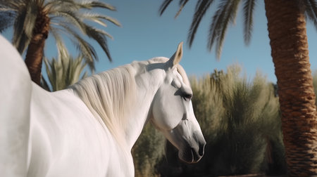 Beautiful white horse in the desert against the blue sky and palm treesの素材
