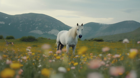 White horse in a field of yellow flowers, mountains in the backgroundの素材