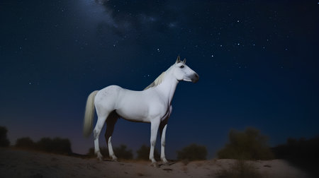 White horse at night in the desert. Starry sky and milky wayの素材