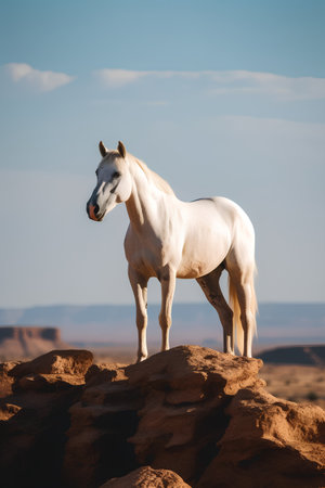 White horse standing on a rock in the desert of Utah, USAの素材