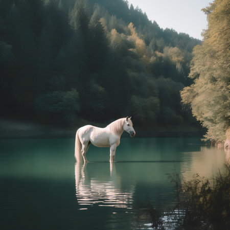 White horse in the lake on the background of the forest and mountainsの素材