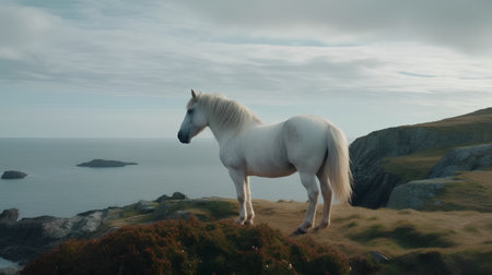 White pony standing on a cliff overlooking the Atlantic Ocean in Cornwall, UKの素材