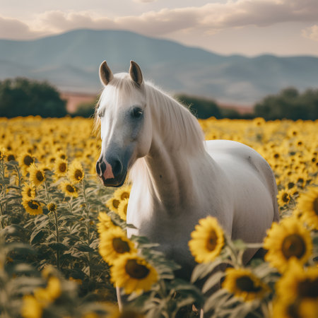 White horse in sunflower field at sunset. Beautiful landscape with horseの素材