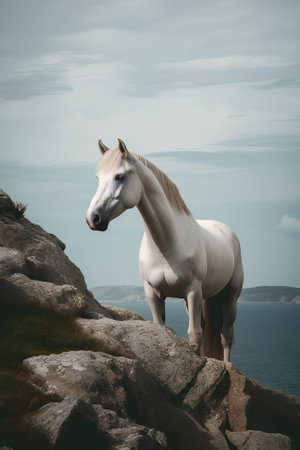 White horse standing on a rock on the background of the sea.の素材