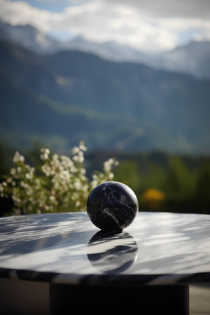 Globe on a table with mountains in the background. Selective focus.の素材
