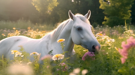 White horse in the meadow with flowers at sunset, closeupの素材