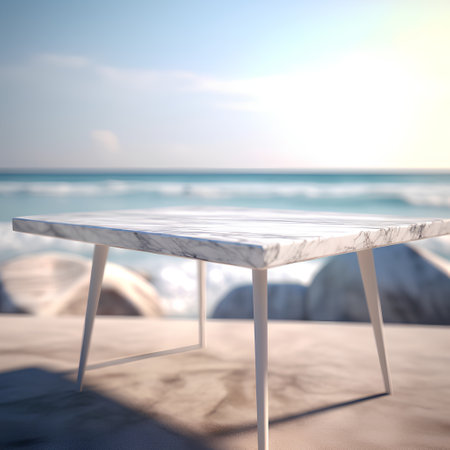 White Marble Table Top Of The Blur Exterior Background - 3D Illustrationの素材