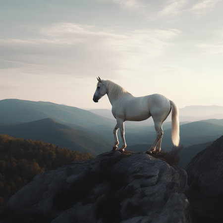 White horse on a rock in the mountains. 3D render.の素材