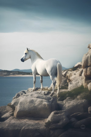 White horse on a rocky seashore. Toned image.の素材