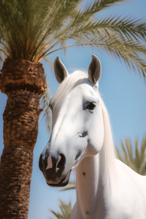 White horse with palm trees in the background. Portrait of a white horse on a background of blue skyの素材