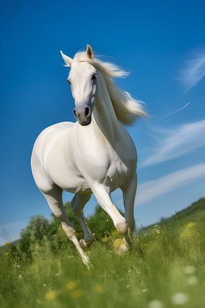 Beautiful white arabian stallion running on a green meadowの素材