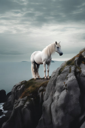 White horse on a cliff with ocean in the background. Toned.の素材