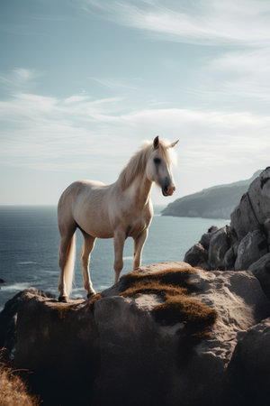 White horse standing on the edge of a cliff above the ocean.の素材