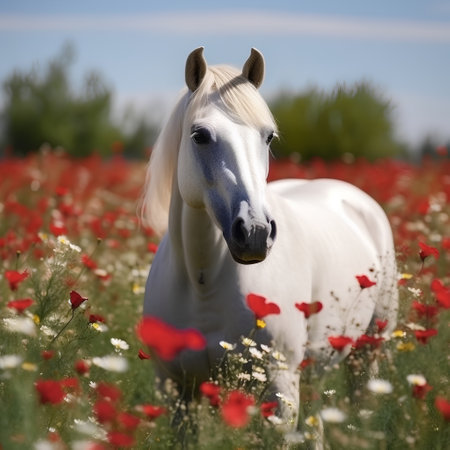 Beautiful white arabian stallion in poppies fieldの素材