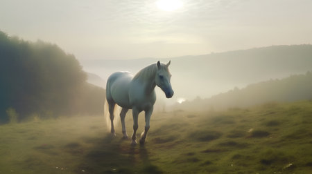 White horse in the foggy meadow at sunrise. 3d renderの素材