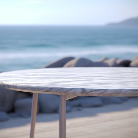 Empty white marble table top with sea view background. For product displayの素材