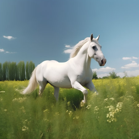 White horse on a green meadow with yellow flowers and blue skyの素材