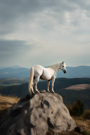 White horse standing on a rock in the mountains under a cloudy skyの素材