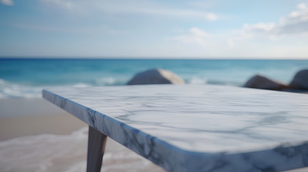 Marble stone table top on blur tropical beach background - vintage filterの素材