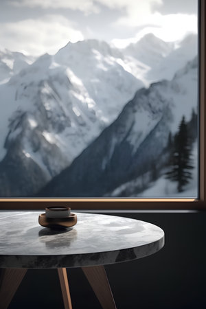 Table top in front of a mountain landscape. 3d render.の素材