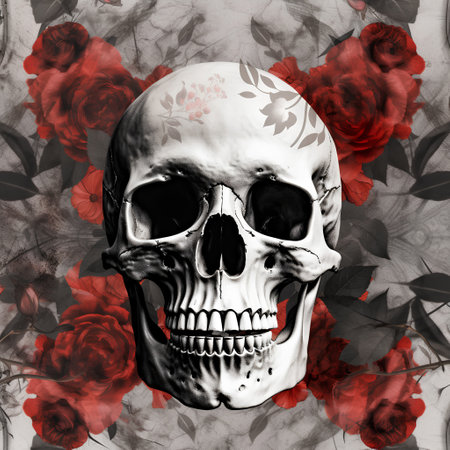 Skull with red roses on grunge background, black and whiteの素材