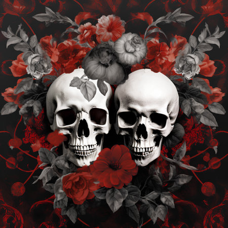 Skulls with red flowers on black background. Halloween concept.の素材
