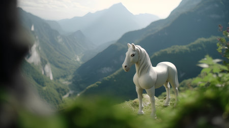 White horse in the mountains. Selective focus and shallow depth of field.の素材