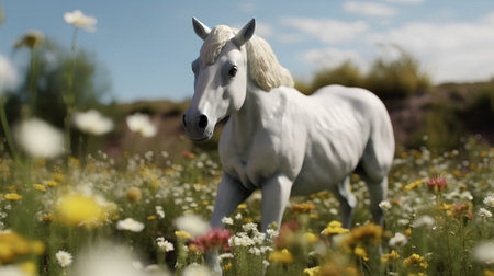Beautiful white horse with long mane in the meadow with flowersの素材