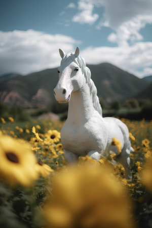 Beautiful white horse in sunflower field with mountains in the backgroundの素材