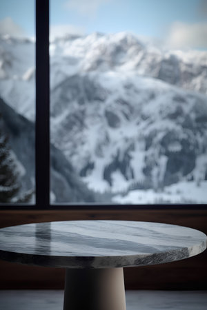 Empty top of natural stone table in front of blurred view of mountain landscape. For product displayの素材