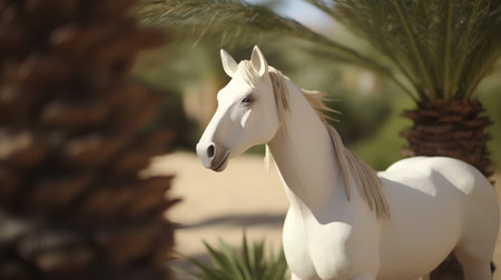 White arabian stallion with palm tree in the background.の素材