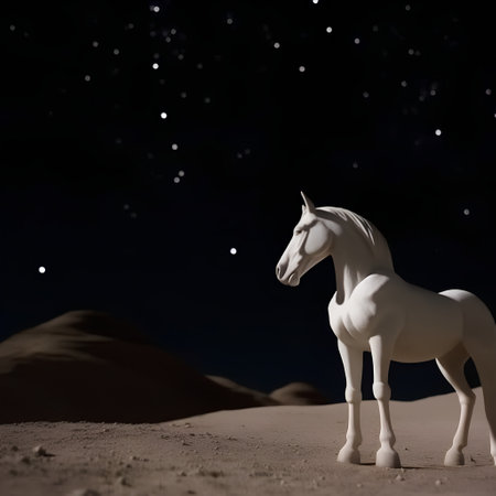 White horse in the desert with starry sky in the background.の素材